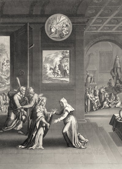 The Visitation, visit of Blessed Virgin Mary to St. Elizabeth, 1853, Steel engraving digitally restored