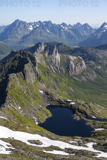 Mountains and fjord landscape, view from the summit of Rundfjellet, Lake Hellskarvatnet, Svolvaer, Nordland, Norway