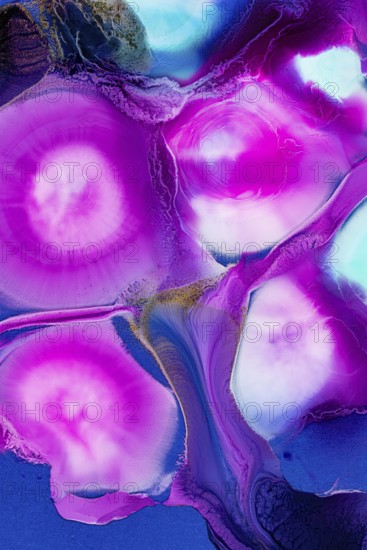 Vibrant pink and blue hues swirl together in this abstract art of ink on a canvas. Rich magenta and subtle purple details enhance the fluid, dreamy quality of the image