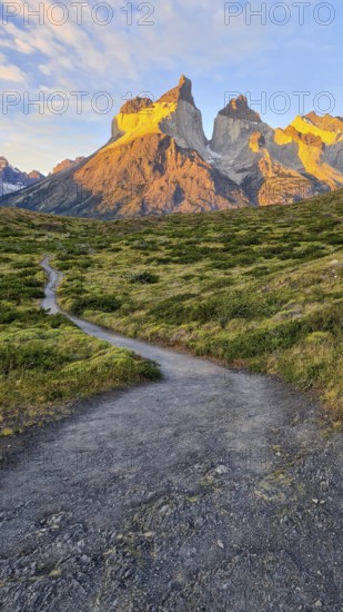 Los Cuernos, the horns, in the evening light, Torres del Paine National Park, Andes, Chile