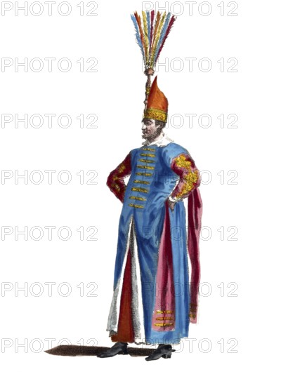Historical clothing, fashion over time, clothing of a captain of 100 Janissaries, in the Ottoman Empire the elite force of the army, in 1568, digitally restored reproduction of an 18th/19th century model, exact date unknown, a man in a magnificent blue and red ceremonial robe with a high headdress