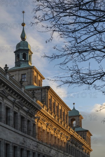Detailed view of the facade of the historic Wolf Town Hall in the evening light, Nuremberg, Middle Franconia, Bavaria, Germany