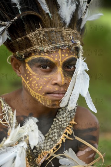 Portrait, young native woman, with face painting and feather headdress, village Mutin, Lake Murray, Western Province, Papua New Guinea