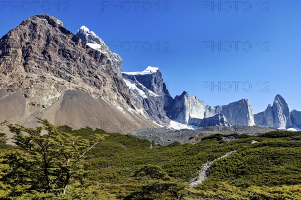 Huge rocks and glaciers dominate the unspoilt landscape, The landscape of Torres del Paine National Park in Patagonia Chile
