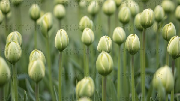 A serene image capturing uniform rows of green tulip buds (Tulipa) poised to bloom against a lush garden background, illustrating the vibrant anticipation of spring