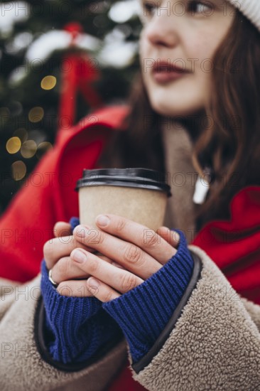 A young woman wearing a white beanie and a red scarf is captured holding a coffee cup on a chilly winter day, with a festive tree blurred in the background