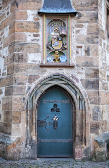 Relief image of St Elizabeth, Elizabeth of Hungary, 1207 - 1231, Renaissance Tower of the historic Town Hall, Marburg, Hesse, Germany, Europe, Reliefbild der hl. Elisabeth, Elisabeth von Thüringen, 1207 - 1231, Renaissance-Turm am historischen Rathaus, Marburg, Hessen, Deutschland, Europa