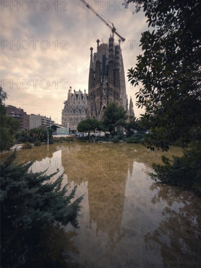 A tranquil scene in Barcelona featuring the iconic Sagrada Familia, its detailed spires reflected in a clear, calm water body in the foreground. Lush greenery adds to the scenic beauty