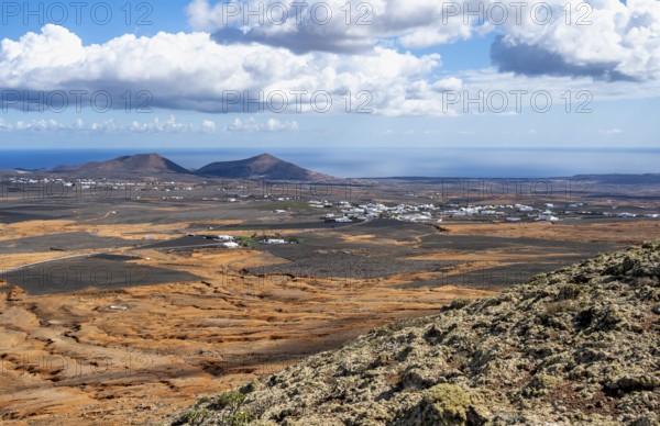 View of dry volcanic landscape with fields, Lanzarote, Canary Islands, Spain