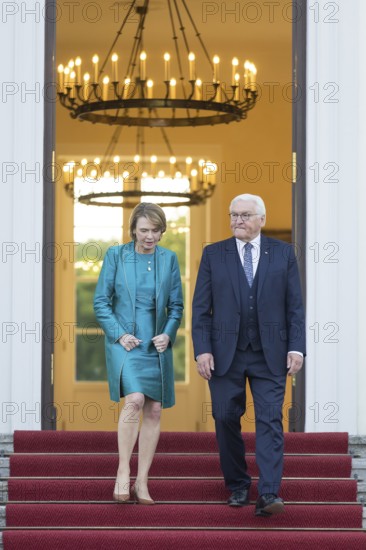 Frank-Walter Steinmeier (President of the Federal Republic of Germany) with his woman Elke Büdenbender arriving at the festive dinner to mark the 60th anniversary of the establishment of diplomatic relations between the Federal Republic of Germany and the State of Israel on 12 May 1965 at Bellevue Palace. The dinner, hosted by Federal President Frank-Walter Steinmeier and First Lady Elke Büdenbender, will also be attended by the President of the State of Israel Isaac Herzog and his woman Michal Herzog. Berlin, 12.05.2025