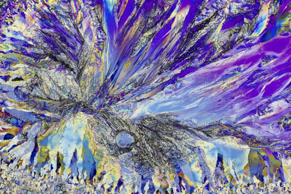 This striking image captures the vibrant and intricate patterns of microcrystals under a microscope. The colors range from deep blues and purples to radiant yellows and pinks, creating a dynamic visual effect