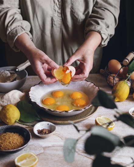 A person cracks eggs into a bowl on a table surrounded by lemons, brown sugar, and spices, capturing a rustic kitchen scene filled with fresh ingredients