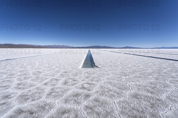 Endless white salt crust of Salinas Grandes and pool channels under a clear blue sky, with distant mountain views in Salta, Argentina