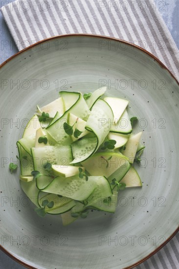 Spring, green salad, cucumber with apple, top view, close-up, no people, microselen radish, healthy eating, spring salad, georgian salad, gazaphuli
