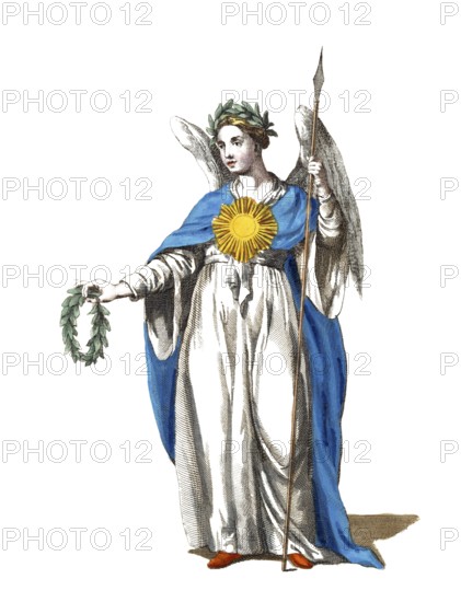 Historical clothing, fashion over the course of time, Virtue, symbolic depiction of a woman in 18th century clothing, digitally restored reproduction of an 18th/19th century model, exact date unknown, angel in blue and white robe with wreath and lance