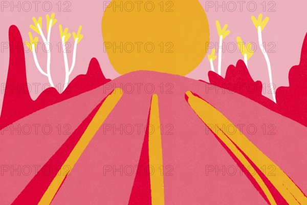 Illustration of a stylized sunset with vibrant pink and red landscape. The image features abstract shapes suggesting hills and trees under a large yellow sun