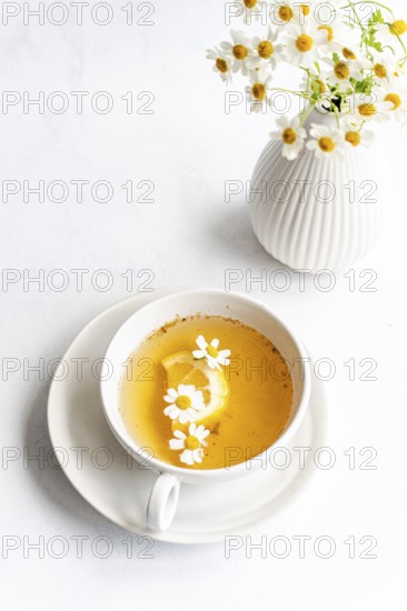 Top view of a white cup containing tea with daisies and lemon slice on a saucer. Nearby, a white vase holds summer daisies, all set on a textured white surface