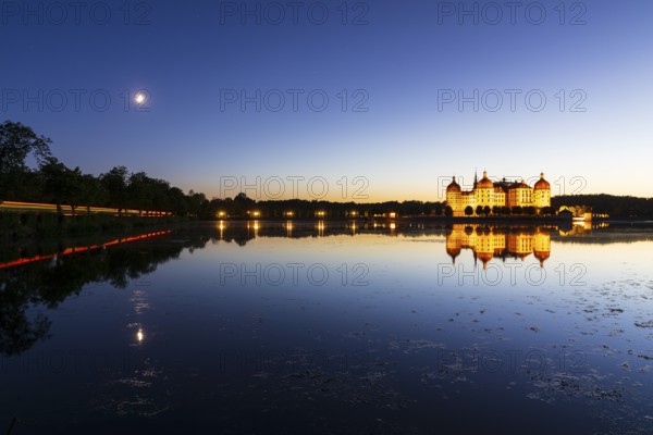 Night view of Moritzburg hunting lodge, Meissen district, Saxony, Germany