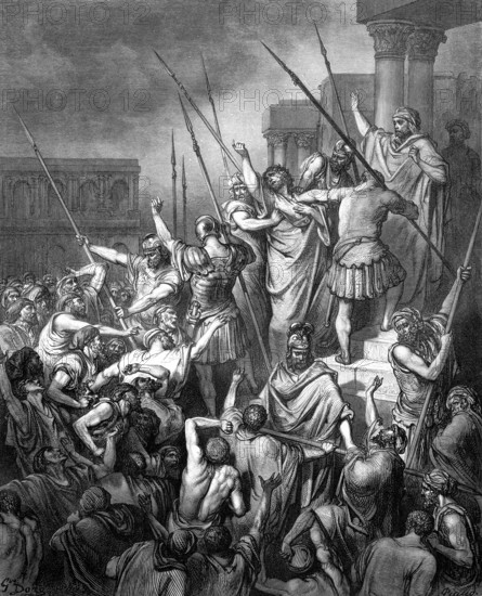 Paul threatened by the Jews in Jerusalem, story of the Apostles chapter 21, verse 27, traitors, Jews, province of Asia, crowd, battle, soldiers, weapons, lances, arrest, seize, incitement, anger, people, law, temple, doctrine, betrayal, Greeks, profane, Christian religion, Bible, New Testament, steel engraving Doré, historical illustration 1885