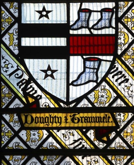 Stained glass window Doughty family crest by Thomas Willement c 1843, Theberton church, Suffolk, England, UK