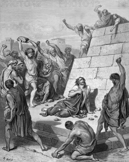 The stoning of Stephen, Acts chapter 7, verse 57, stones, throwing, throwing, anger, taking revenge, defenseless, sacrifice, violence, killing, lying on the ground, wall, stoning, death, suffering, group, Christian religion, Bible, New Testament, steel engraving Doré, historical illustration 1885
