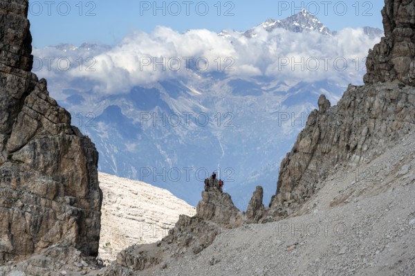 View through a flock of Cima Presanella, hikers on the Via Ferrate Benini via ferrata, Brenta Mountains, Brenta-Adamello Natural Park, Trentino, Italy