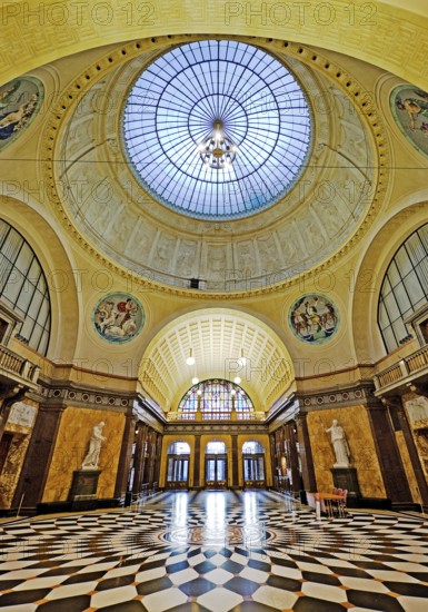 Foyer with glass dome in the spa hotel and Casino in the evening, Wiesbaden, Hesse, Germany