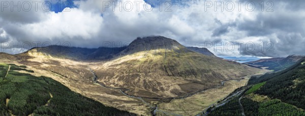 Panorama of Fairy Pools and Waterfalls from a drone, Glen Brittle, Black Cuillin, Isle of Skye, Scotland, England, United Kingdom
