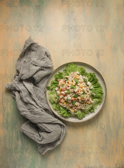 Canned corn salad, with crab sticks, top view, no people