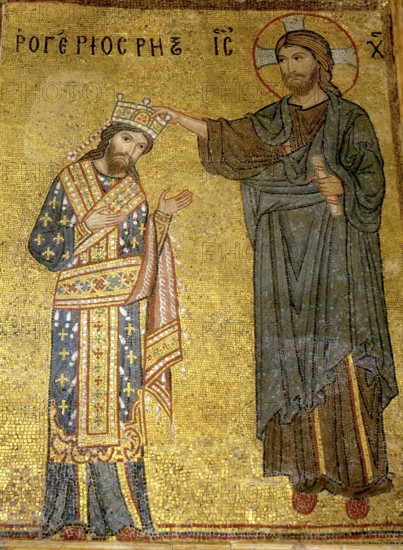 Mosaic depicting Roger II being crowned by Jesus, Church of La Martorana, Palermo, Sicily, reproduction from a model of the time, historical, digitally enhanced