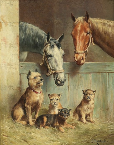 Carl Reichert, Karl Reichert, pseudonym J. Hartung (born 27 August 1836 in Vienna, died 5 April 1918 in Graz) . Austrian painter, primarily a landscape painter and animal painter. Here his work:, Animal Friendship, a classic 19th century scene showing two horses looking curiously over a stable door at a group of four small dogs - presumably terriers - sitting in the hay, Painting, Reproduction of the painting, Work of art, Historical