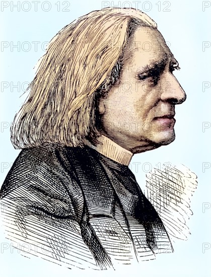 Franz Liszt, 1811, 1886, composer, pianist, conductor, theatre director, music teacher and writer, portrait, Coloured wood engraving, Reproduction from a model from ca 1888, Historical, Historical black and white drawing of a man in profile with a serious expression on his face