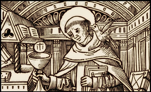 Frontispiece to his book Super libros de generatione et corruptione, Thomas Aquinas, Thomas von Aquin, Tommaso d'Aquino, c.?1225 – 1274, Italian Dominican friar and priest, philosopher, theologian, and a jurist in the tradition of scholasticism, digitally edited