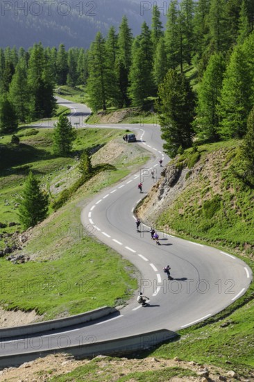 Sporty young people skateboarding at high speed on switchbacks of alpine road pass road from pass Col de l Izoard Izoard pass downhill, Route des Grandes Alpes, French Alps, Département Hautes-Alpes, France