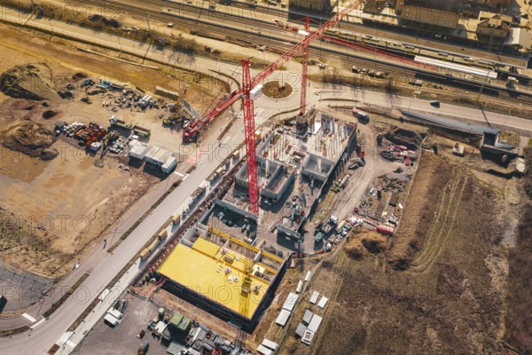 Construction near roads and railways, with significant use of cranes and materials, new Mühlacker nursing home, Enzkreis, Germany
