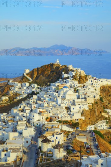 View of Chora village and Sifnos island in the distance, Chora, Serifos Island, Cyclades Islands, Greece