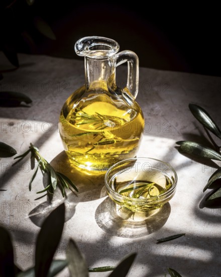 A clear glass pitcher filled with golden olive oil, infused with fresh rosemary sprigs, sits elegantly on a rustic table. Sunlight casts dynamic shadows, enhancing its natural appeal