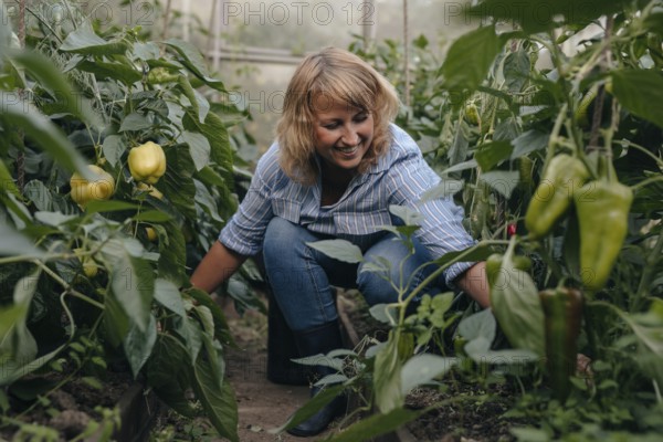 A woman enjoys tending to her lush vegetable greenhouse, surrounded by vibrant green plants and ripe peppers. She wears casual attire, embodying the joy of gardening