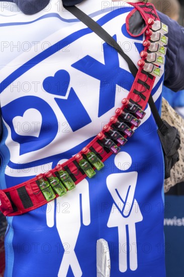 Rose Monday procession in Düsseldorf, parade costume, mobile toilet, Dixieklo, with schnapps belt, North Rhine-Westphalia, Germany