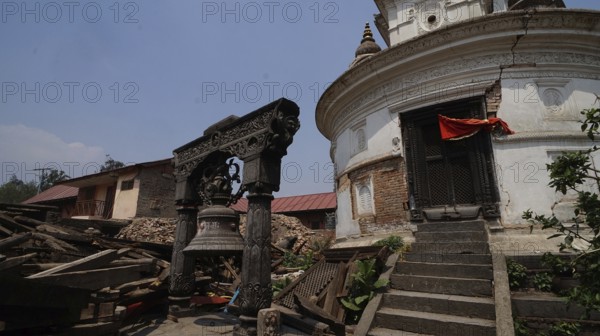 Temple with severe cracks among rubble, destruction after the earthquake, Durbar Square, Kathmandu, Nepal