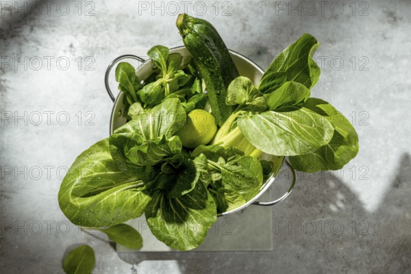 A fresh zucchini, lime, spinach and bok choy in a colander on a gray surface. The vegetables are glistening with water droplets, highlighting their freshness and vibrant green color