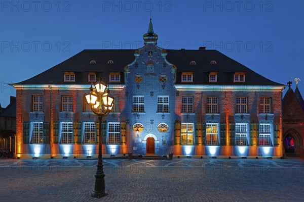 Kevelaer in the light, light installation Priseterhaus in the evening, Kevelaer, Lower Rhine, North Rhine-Westphalia, Germany