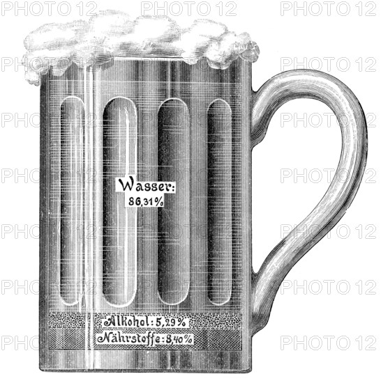 Ingredients, a glass of German beer, health counselor, 19th century, Inhaltsstoffe, ein Glas deutsches Bier, Gesundheitsratgeber, 19. Jahrhundert