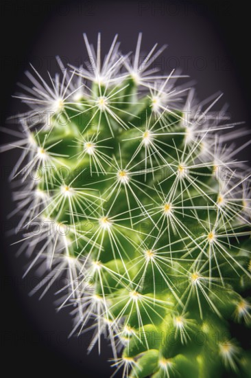 A spiked green cactus with a black background. Macro photography