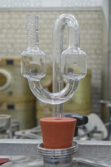 Fermentation tubes on sealed steel barrels for the fermentation of alcoholic beverages, Germany