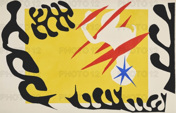 Henri Matisse, Henri Emile Benoit Matisse (born 31 December 1869, died 3 November 1954 in Cimiez), French painter, graphic artist, draughtsman, Classical Modernist. Here his work:, The nightmare of the white elephant (1947), The nightmare of the white elephant, Painting, Reproduction of the painting, Artwork, Historical, Dynamic abstract artwork with yellow background, black shapes and red and blue accents