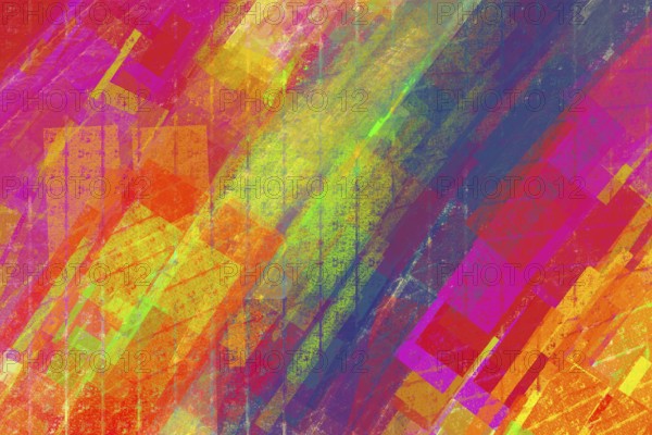 A vibrant and dynamic abstract artwork featuring a colorful geometric pattern with overlapping textures. Radiant hues of pink, orange, and green create a captivating visual