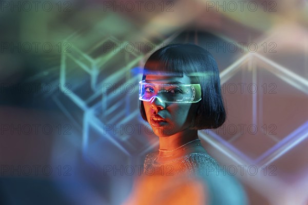 A Latin woman wearing futuristic virtual reality glasses explores a digital world. The colorful neon lights add to the advanced and immersive technology experience