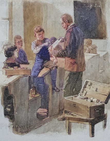 Introduction of the emergency first aid kit in schools, 1885, Germany, Historic, digitally restored reproduction of an original 19th century template, exact original date not known