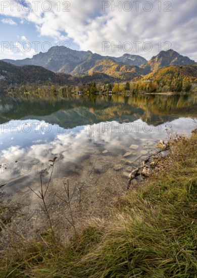 On the shore of Lake Lake Kochel with reflection, autumn landscape with mountain peaks Herzogstand and Heimgarten, Upper Bavaria, Bavaria, Germany
